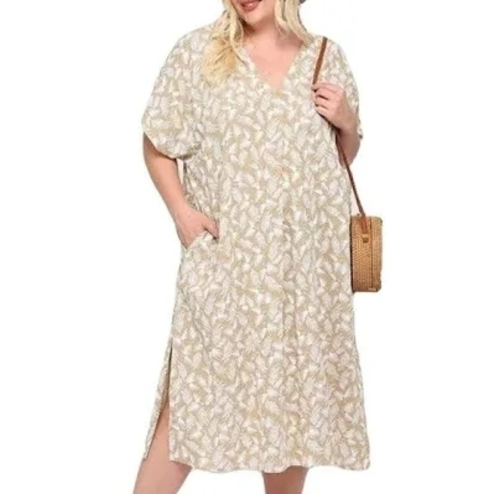 Gigio Turn A Leaf Neutral Leaf Print V-Neck Midi Dress 1x Oversized